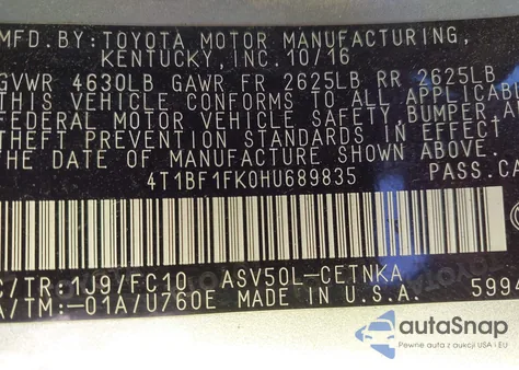 2017 Toyota Camry Le из США, поврежденный, VIN 4T1BF1FK0HU689835